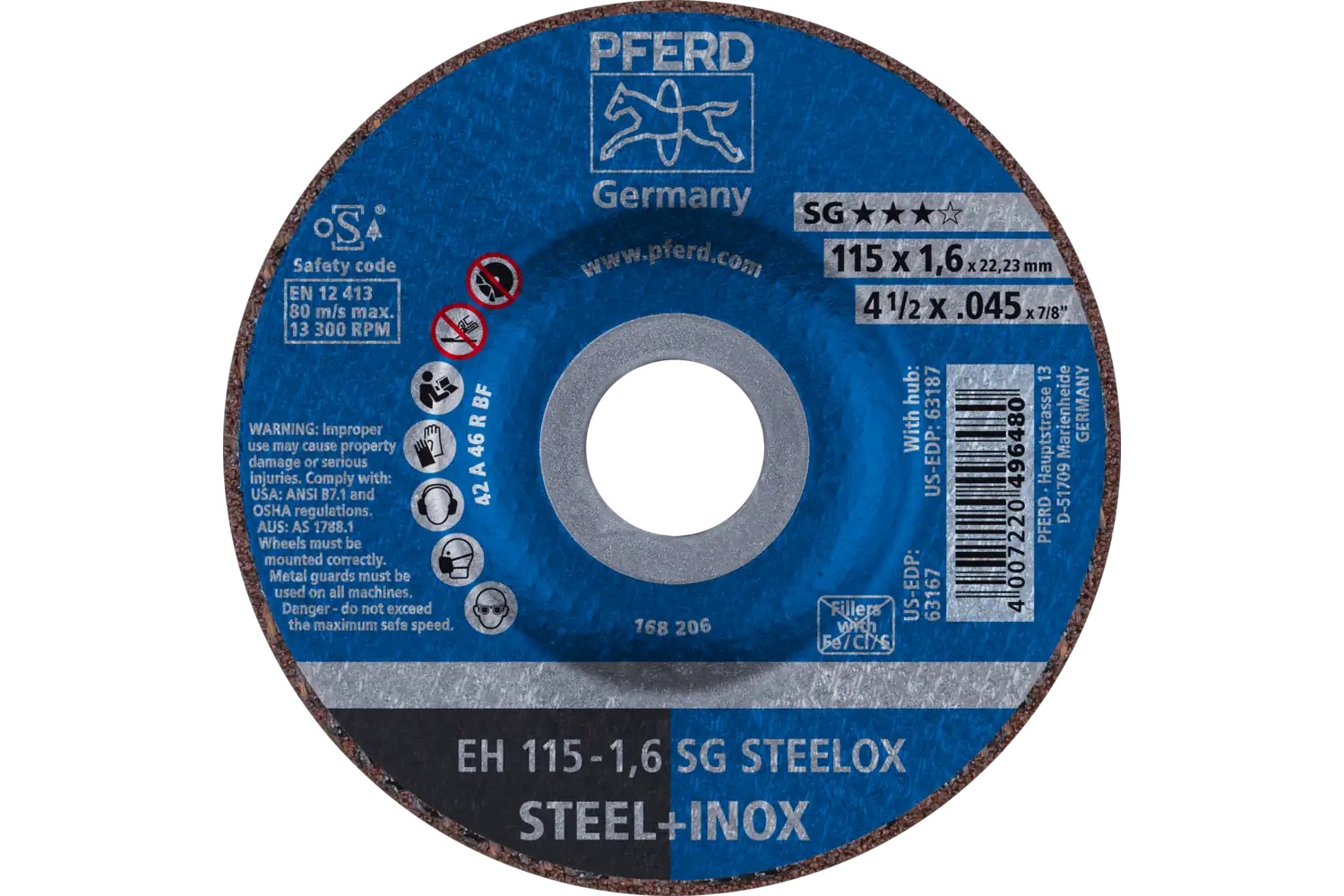Picture of Pferd Cut-Off Wheel, 4-1/2" X .045 X 7/8, Sg Steelox, T27, Aluminum Oxide